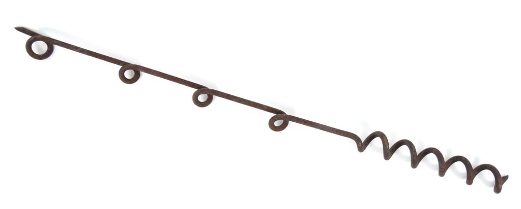 WWI Barbed Wire Screw Post: Long barbed wire screw post with four rings for wire. United States/France C. 1917-18 Overall lg. 59"