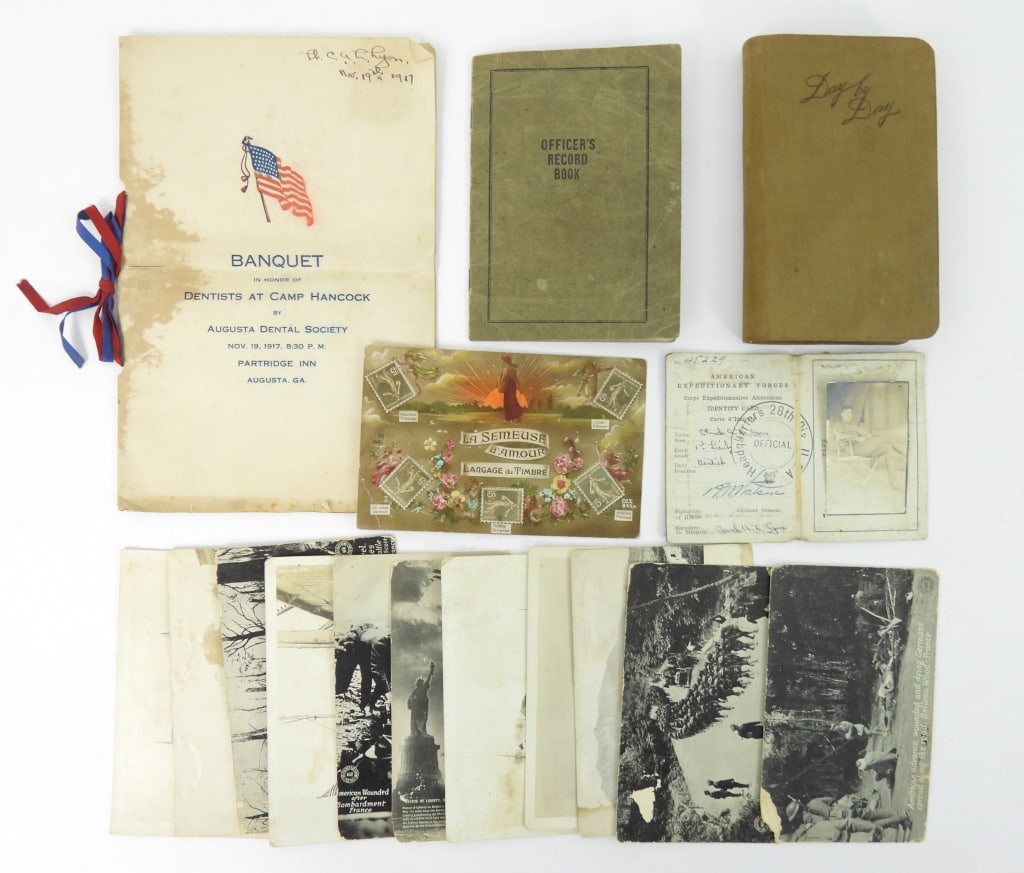 WWI I'D Pennsylvania Dentist Grouping: Dr. Claude A. Lyon a First Lieutenant in the 111th Pennsylvania Infantry regiment. Contains an American 28th division Expeditionary Forces Id with an unusual photo of him reclined in a chair. A diary