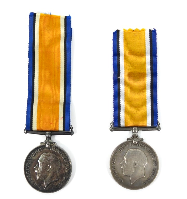 Two WWI British War Medals I'D: One is I'D to "53624 Cpl J.T. Prince Durh L.I." Corporal Prince served with the Durham Light Infantry. One is I'D to "283338 A Cpl E. Bauckman. 85-Can. Inf." Corporal Bauckman served with the 85th