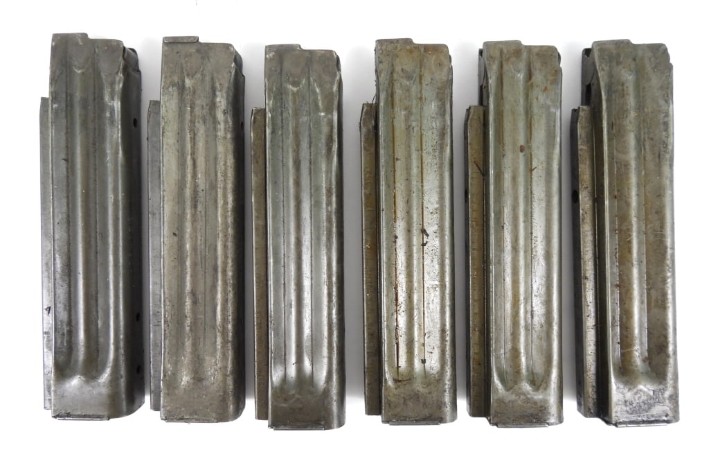 Six Reising Model 50/55/60 Magazines: Six Reising Model 50/55/60 magazines with gray finish, marked on the front face "H & R - REISING/MODEL 50 - CAL 45 MAGAZINE/HARRINGTON AND RICHARDSON ARMS CO./WORCESTER, MASS. U.S.A.". United States