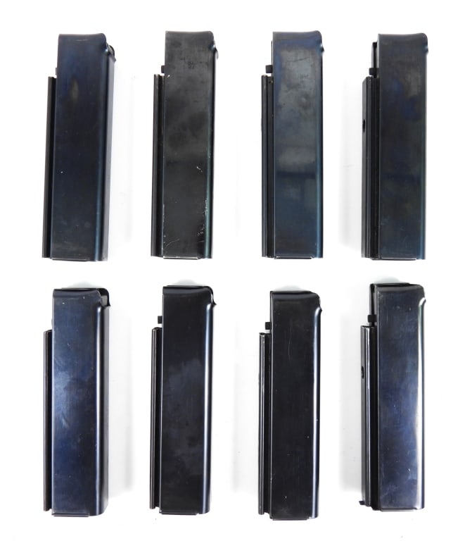 Eight Auto Ordnance Thompson SMG Magazines: Eight 20 round Thompson SMG magazines marked "AUTO ORDNANCE CORP./BRIDGEPORT, CONNECTICUT/REG. IN U.S. PAT. OFF.", one marked with "U" on the back of the magazine near the floor plate. United States O