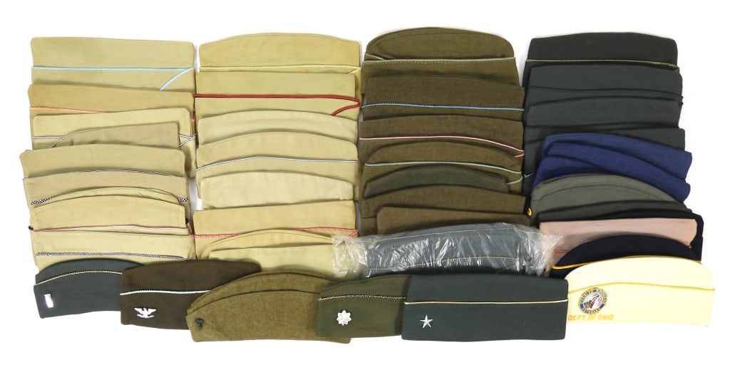 Group of Overseas Caps: Large group of overseas caps including one WWI; WWII wool and Khaki; Korea and later; as well as a few veterans organizations. United States C. 1917-80