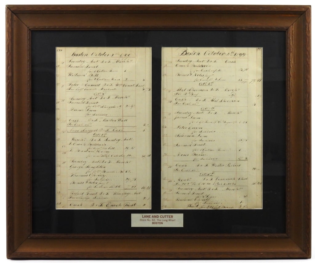 18C Framed Boston Merchant Ledger Page: Two, very interesting, 1799 dated, double sided pages from an unnamed Massachusetts merchant. Affixed to the lower margin of mat is a "Lane and Cutter of Boston, Long Wharf" paper. Names on the