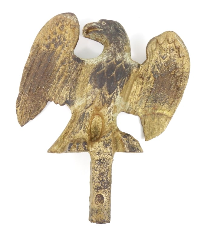 Antique Cast Iron Eagle: Interesting antique cast iron eagle with a stem mount. Possibly 19th Century. Appears to have originally been painted gold, but not gilded. Size is approx. 12" X 10 3/4", and weighs approx. 11.0 LBS.