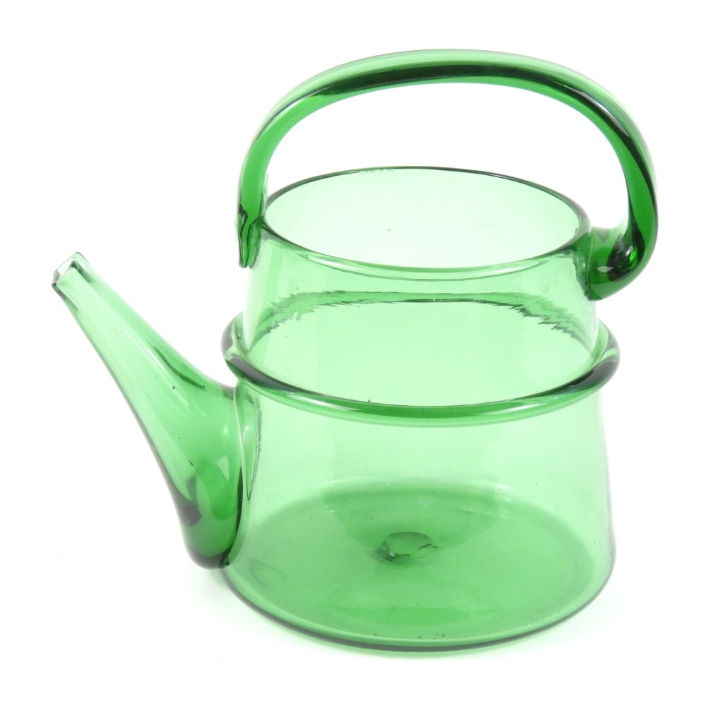 Antique Blown Glass Watering Can Pitcher: Beautiful emerald green color, can-shaped water jar. Having a polished broken pontil bottom with a rectangle spout mouth. Appears to be late 19th century or early 20th continental made. Measures 9"