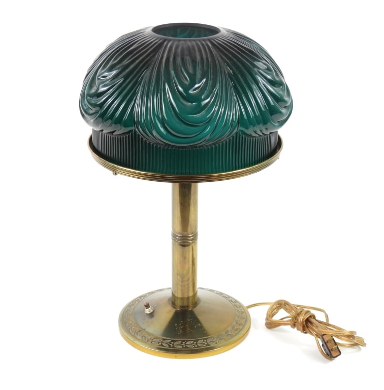 Bradley & Hubbard Table Lamp: Double light socket, dual switch candle stick style base that is marked on the bottom "B&H / 187" Shade is deep aqua green, non encased with drape pattern. Measures 11-1/2" diam x 17" high.