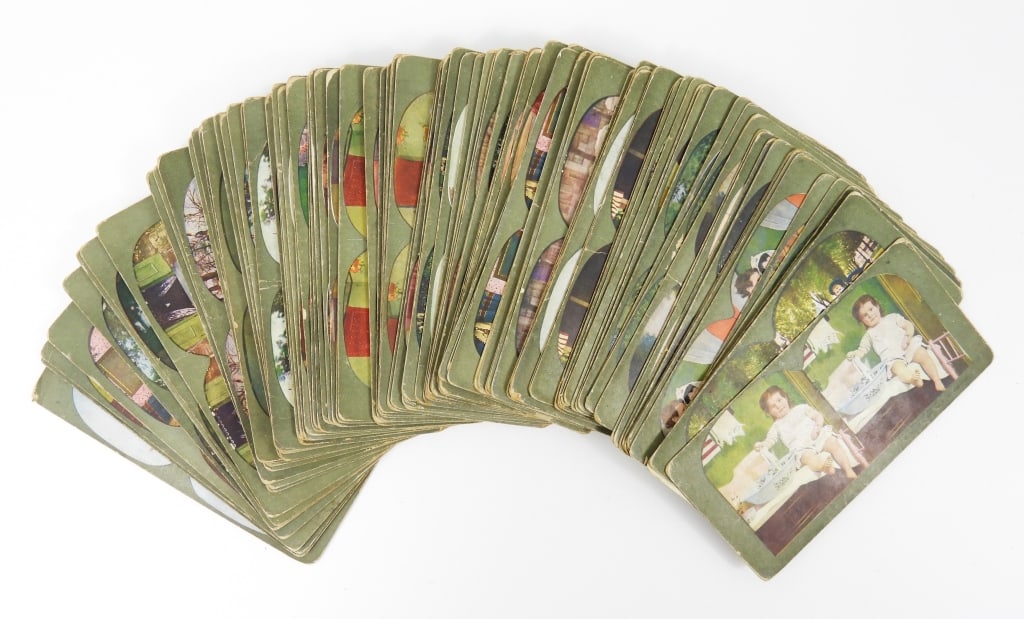 Group of Colorized Stereoviews: A nearly complete, sequentially numbered 1-100, colorized, stereoview grouping. No's 3 and 37 missing.Front lower right of cards reads "Copyrighted, 1898 By T. W. Ingersoll"