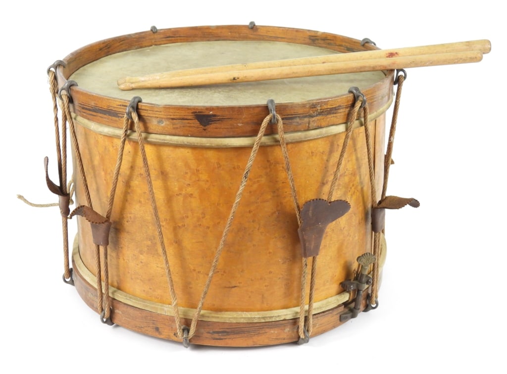 I'D 19th-C Birds Eye Maple Body Drum: Drum has pencil date and name opposite inside of vent hole "R.F. Stiles / May 5th 1890 / Southbury Conn." and his name on bottom skin as well. Also a faint stenciled name of "H.S. Hitchcock" on