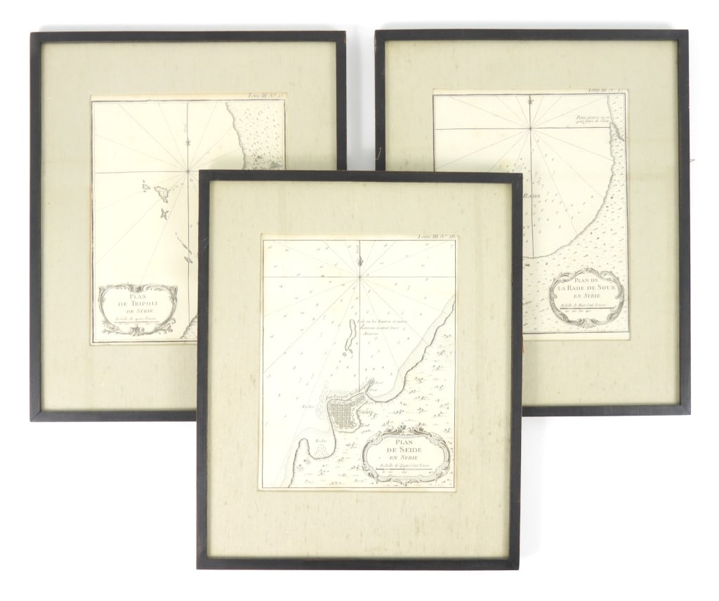 Grouping Of Antique Maps Framed: Each are framed under glass with a silk mat. Three antique views of 18th Century Syrie now parts of Lebanon, Tripoli, Rade, and Seide which were part of Syria at that time. These appear to be by the