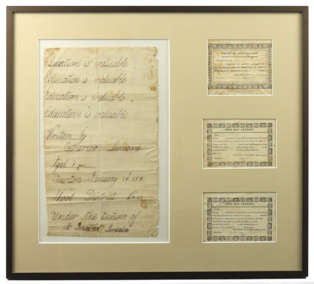Early 19th Century Framed Student Ephemera: A nice framed under glass display of a pupil's penmanship practice, approx 7 1/2" x 12 1/2", with "Education is valuable" repeated, and "Written by Catherine Leonard, Aged 8 years, Taunton, January