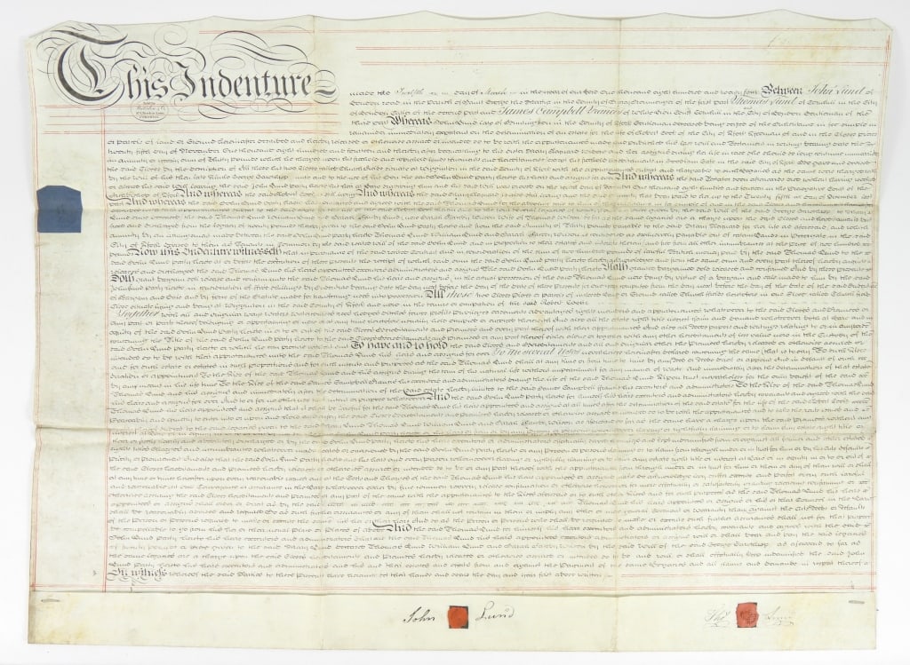 1824 English Certificate of Land Indenture: Large hand-written English certificate of land indenture on vellum, dated March 12th, 1824, between John and Thomas Lund and James Campbell Francis, signed and sealed with affixed English tax stamp,