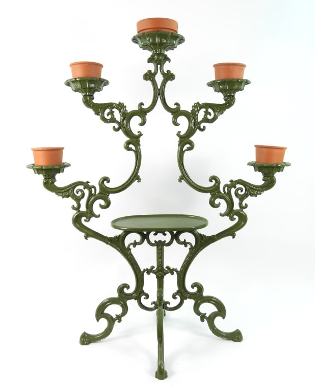 Victorian Tiered Cast Iron Plant Stand: Beautiful Victorian, tiered, heavy, cast iron plant stand, constructed with elaborate floral scrollwork and sweeping curves, supported by 4 legs, with 5 circular floral-edged shelves for holding