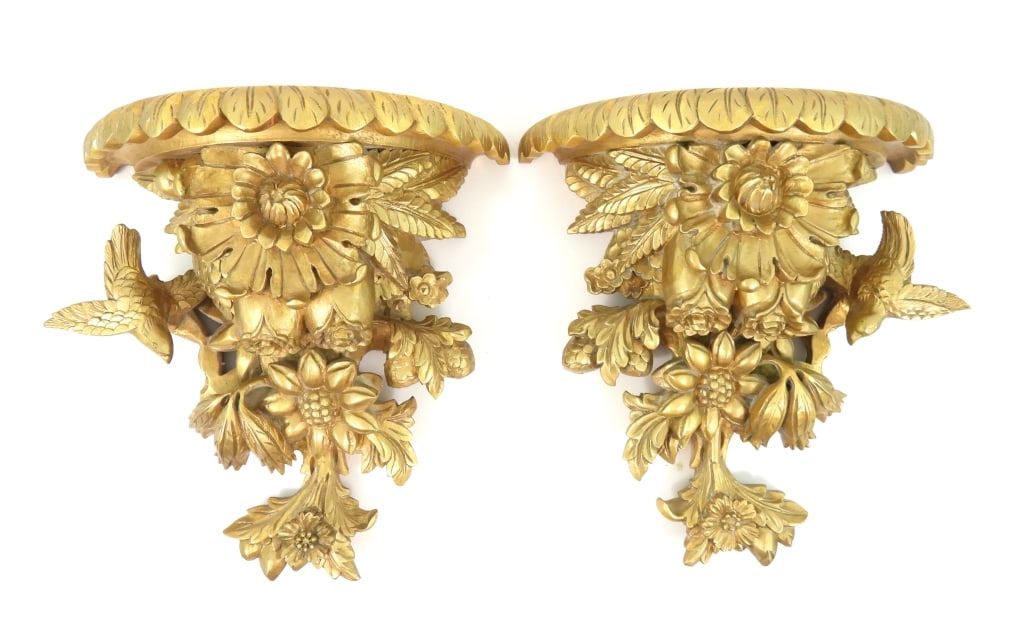 Antique Italian Baroque-Style Carved Wall Brackets: A matched pair of antique, Italian Baroque-style, carved wood, wall brackets, with an asymmetrical pairing design of flowers and birds. Appears to have been originally gilt, but was later touched up