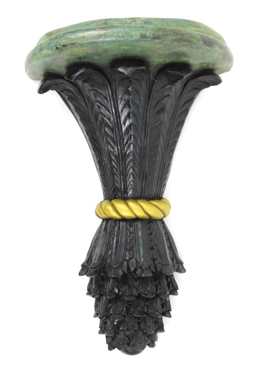 Antique Bronze Palm Wall Sconce: Large heavy palm leaf pattern wall sconce in the French Baroque or Hollywood regency style. A verdigris patina shelf with black and gold body accents. A very nice quality decor item. Measures 22"