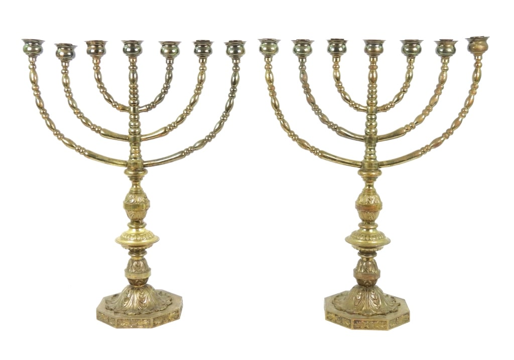 PR. Custom J.R Lamb Studios Candelabras: High quality large size brass menorah style 7 candle sconces made by the famous Joseph and Richard Lamb studios of New York and New Jersey. Makers of high quality stained glass and decor objects for