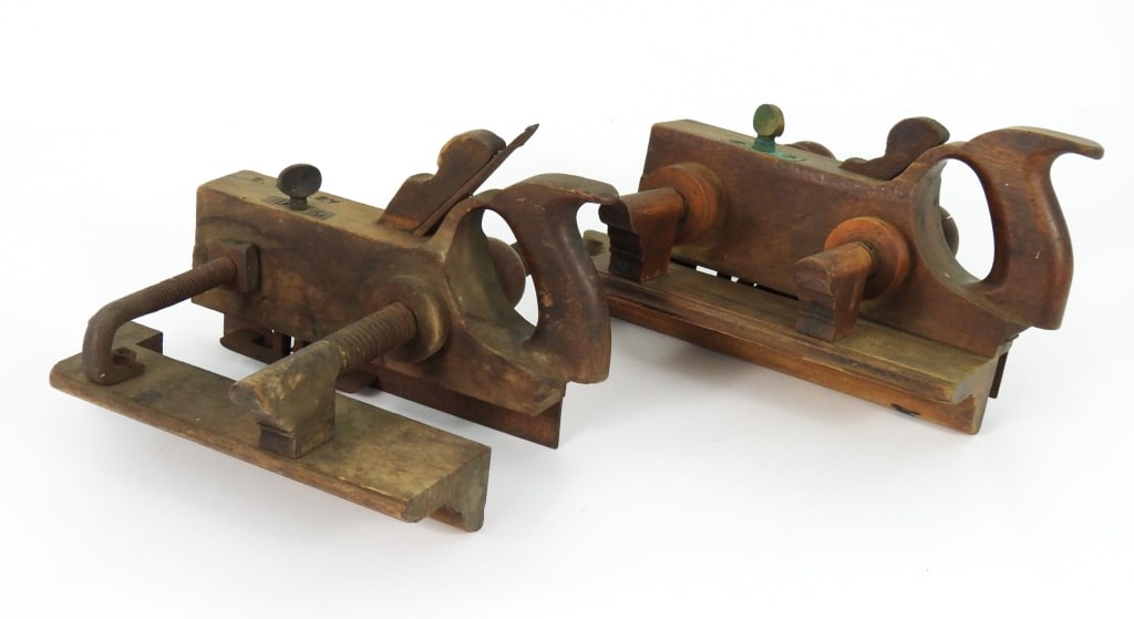 Two J. Kellogg Wood Molding Planes: Antique ornate screw arm molding plow planes stamped "J. KELLOGG / AMHERST MA" One missing the metal blade.