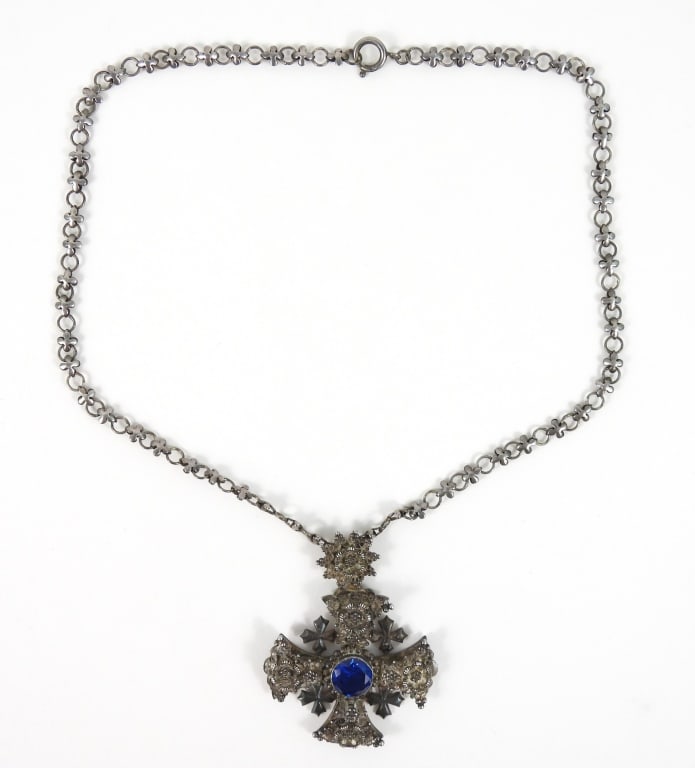 Antique Sterling Jerusalem Cross: Well made with blue center stone and tests at least 800+ silver. Chain is approx 18" long and the lot weighs approx. 1.50 ozt.
