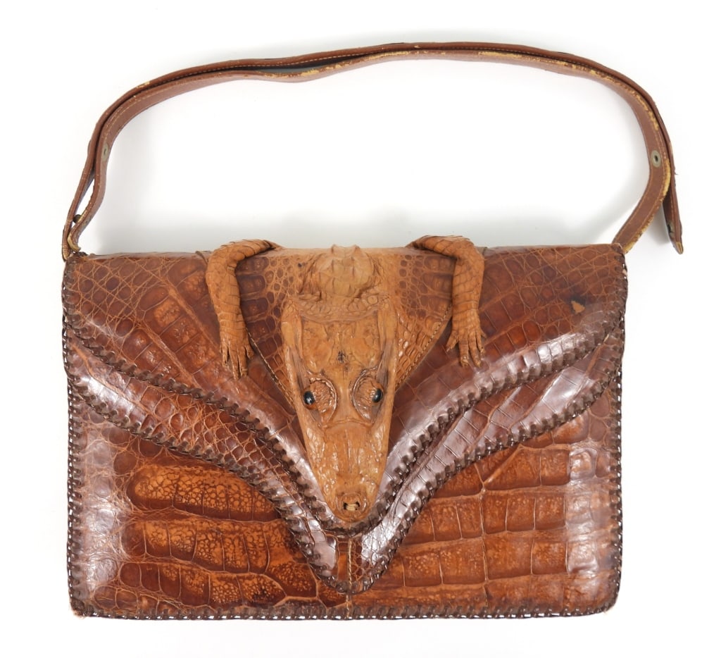 Vintage Cuban Made Alligator Pocketbook: Appears to be NOS 1940s or 1950s era Horn Back Alligator hide with leather, having a double compartment with snap closures. Marked "Genuine Alligator Made in Cuba"-