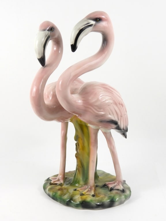Large Ceramic Pink Flamingos Statue: Impressive vintage double Flamingo bird statue in the old Bassano Italian style, marked "Ceramiche Boxer Italy" on the bottom. In the Hollywood regency or Florida design. #372 titled Ceramic Couple