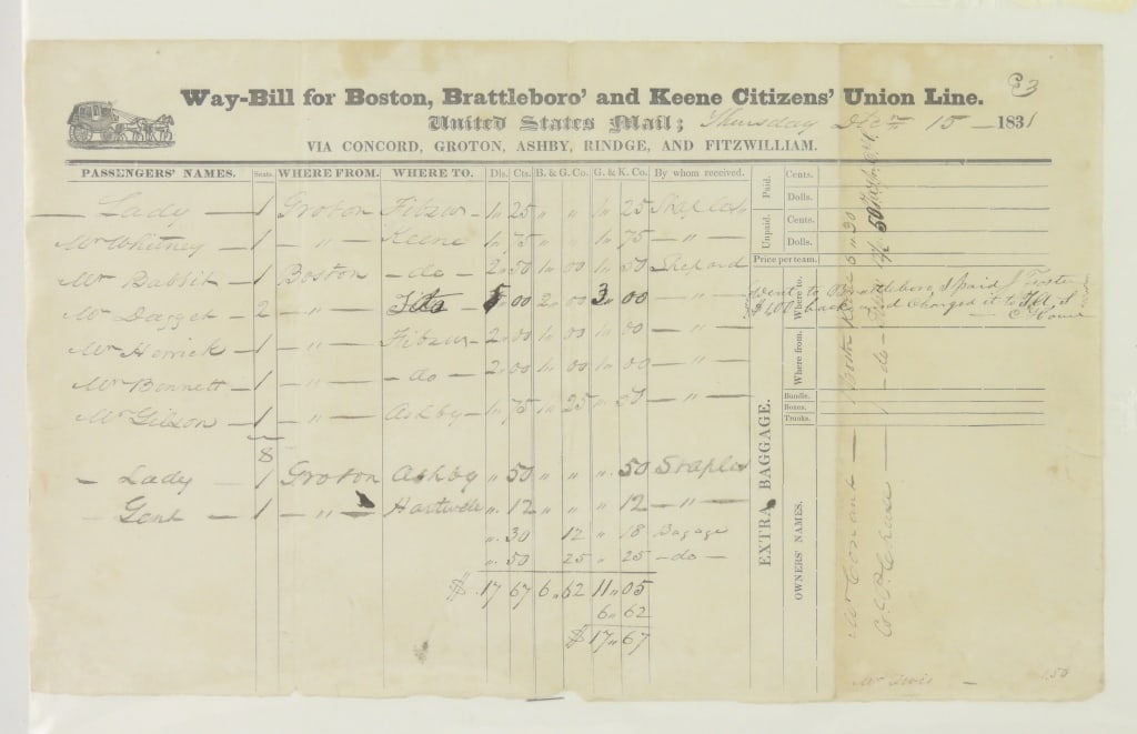 1831 Stagecoach Way-Bill Mass. & New Hampshire: A 19th century United States Mail ride billing document dated Thursday December 13th 1831 for travel on coach listing the towns of Concord, Groton Ashby, Rindge, Fitzwilliam, Hartwell Keene, and Bosto