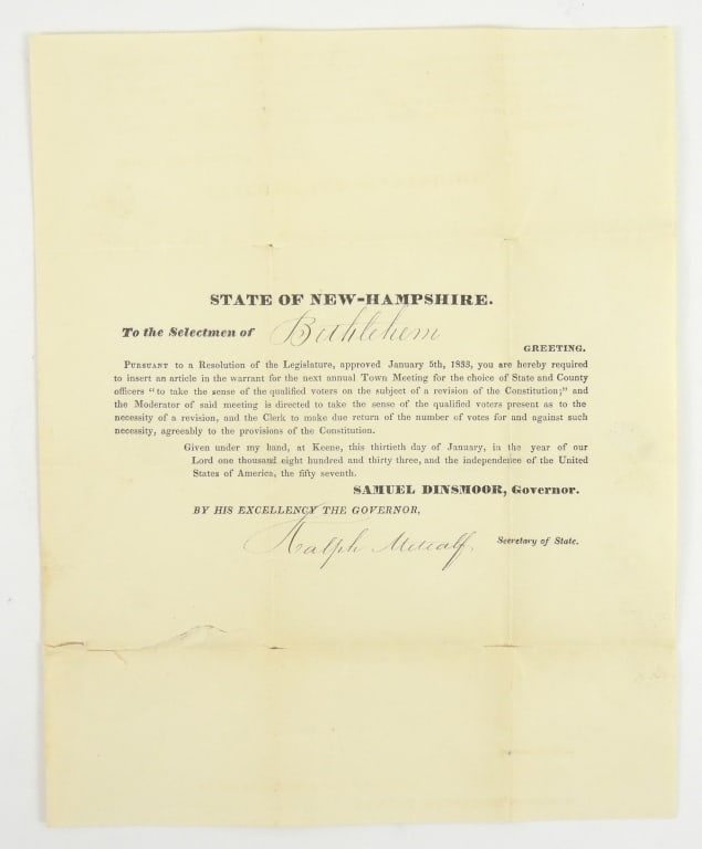 1833 Town Of Bethlehem New Hampshire Document: Secretary of state Ralph Metcalf signed document for the town to see if they want a revision of the Constitution of N.H. from Keene N.H. in the 57th year of the Independence of the United States.