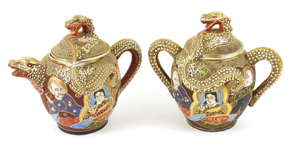 Moriage Dragon Ware Set: A matching hand painted tea pot and double handled lidded jar set marked with mid century KS stamp to bottom. Satsuma porcelain form.
