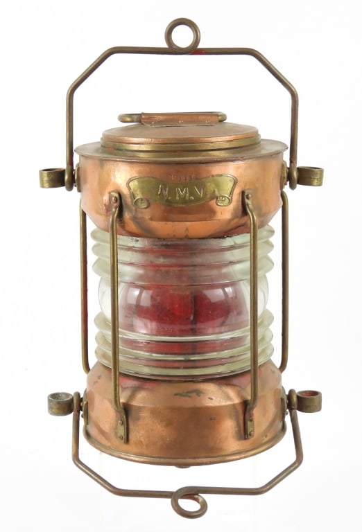 Natical Non Moving Vessel Lamp: Antique very heavy solid copper and brass Ship Red 360 degree red and clear lenses, original electric stationary lamp with original slim light bulb. Has a tag that indicates it was made in Rotterdam. 