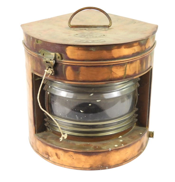 Large Copper Tung Woo Navigation Lantern: Port side corner lantern with made in Hong Kong with a number plate affixed to top "#NOEP1039 PORT" Measures 15" deep x 14-1/2" wide x 14" high.