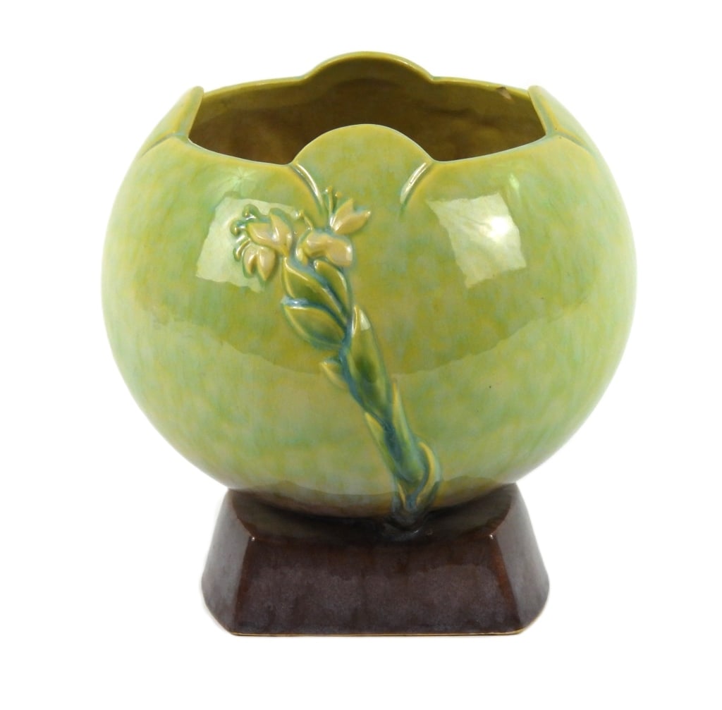 Roseville Pottery Wincraft Bowl 242-8: Gloss yellow / green glaze bowl marked on the bottom. Has underside lip chip.