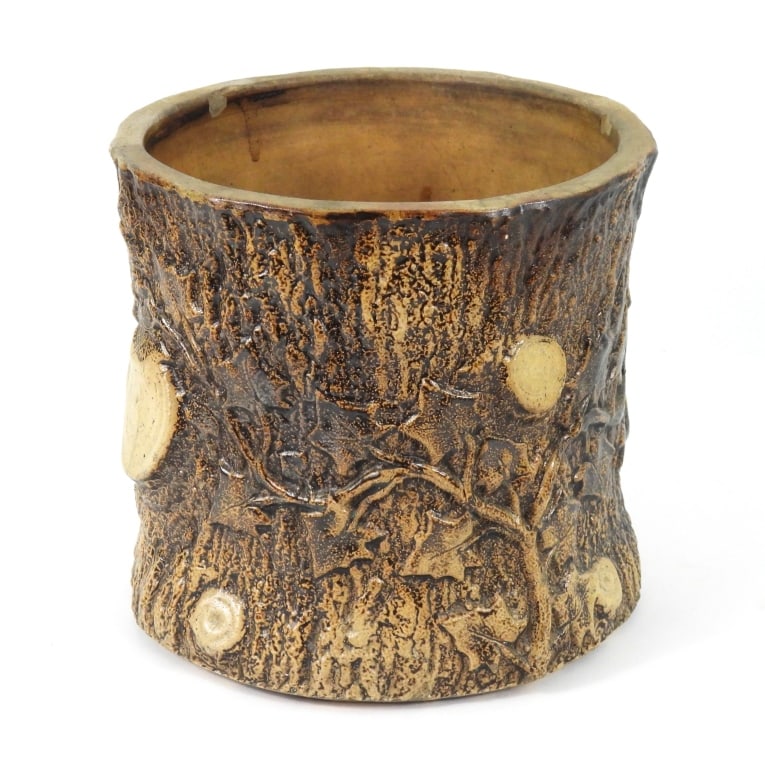 Stoneware Stump Planter: 19th century molded tree faux bois stump salt glaze planter with drain hole at bottom edge. Appears to be in the Norton & Company style but it is not marked by the maker.