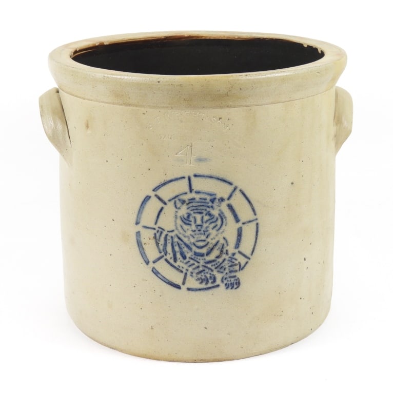 4 Gallon Taunton Tiger Stone Ware Crock: 19th century crock with applied handles stamped "F.T. Wright & Son / Taunton Mass. / 4" above the cobalt color Tiger. Measures 12" diameter x 11" high.