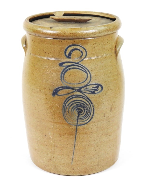 3 Gallon Bee Sting Stoneware Butter Crock: Three gallon stoneware butter crock with wood lid, decorated with a cobalt blue bee sting pattern. No maker marks observed. Measures 9-1/8" diameter x 14" high.