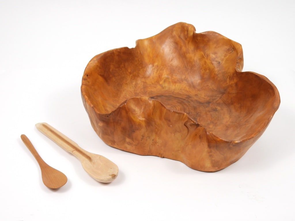 3PC Custom Live Edge Wood Bowl & Spoons: Includes an exotic artist signed "Con" large live edge modern center bowl and two carved wood spoons. Bowl 4 1/2" x 15 1/8" dia. Smallest spoon 7" x 1 1/2".