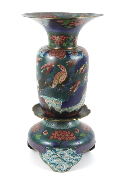 Large Asian Cloisonne Enamel Vase: Appears to be 19th century Meiji period double tier stand flanged vase form. Copper body with brass wire having a Taka style hawk or falcon perched at a waterfall with other bids and floral designs.