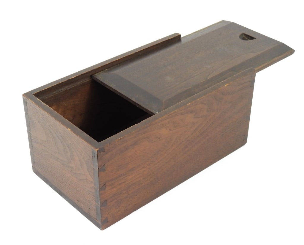 Sliding Top Candle Box: Very high quality, well made dove tail construction slide top storage box. Appears to be Walnut with early style construction. Age unknown, likely a mid century Williamsburg Va. furniture maker item.