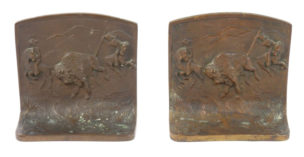 Pr. Bronze Buffalo Hunt Book Ends: Marked on the rear "Solid Bronze" They measure 5" x 2-1/2" x 4-1/2" high.