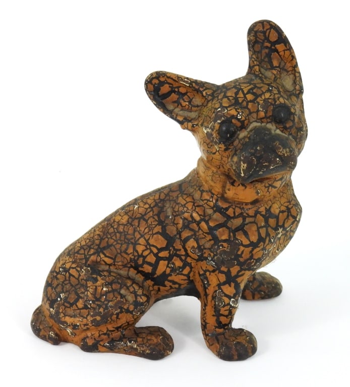 French Bull Dog Cast Iron Door Stop: Original brown paint has unusual craquelure throughout, which gives it a neat decor look. Appears to be from the Hubley Company 1920s. Measures 6-1/2" x 7-1/2" high.