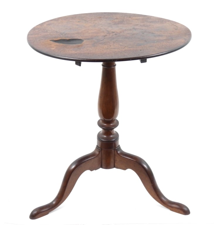 18th-C Queen Anne Tilt Top Tea Table: Turned pedestal base with cabriole legs with pad feet. Measures 23" wide x 37" high with table up. Top diameter is 21-1/2" and is 25-1/2" from floor. If this table could talk about the large candle