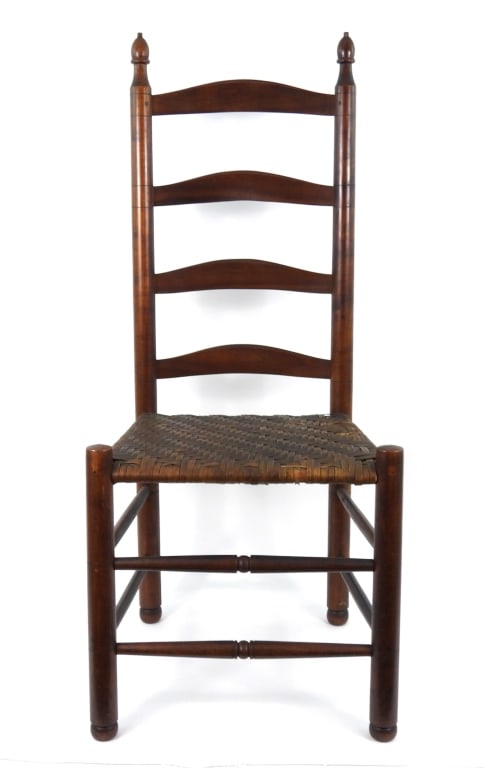 Maple Ladder Back Chair: Ball feet with reverse Egg Corn finials. Basket weave seat having ball turned front stretchers. A well made chair that was refinished at some point. Measures 18-1/2"w x 17"d x 43-1/4" high.