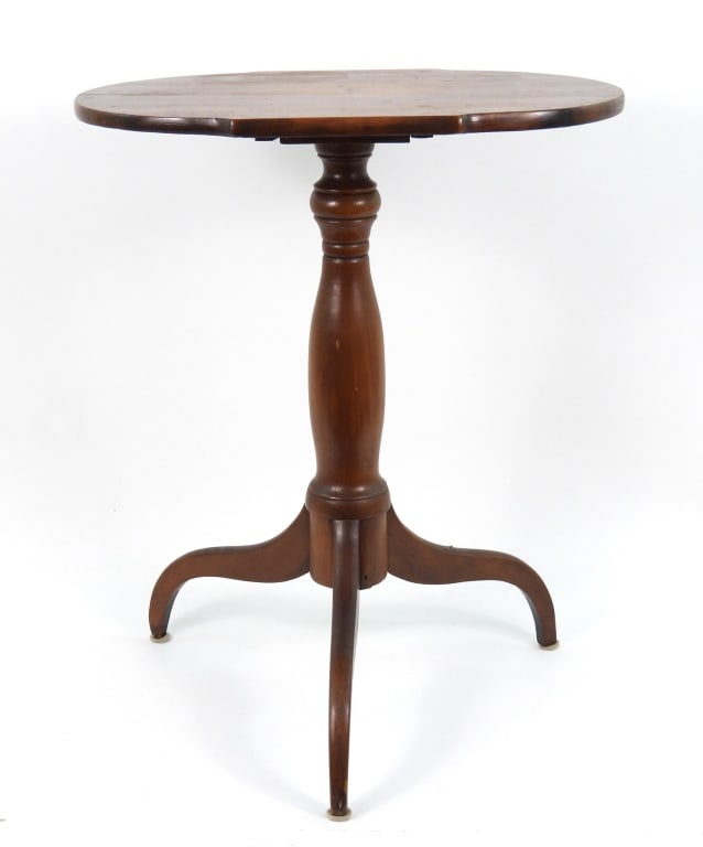 19th-C Tilt Top Candlestand Table: Unusual form top with bulbous turned pedestal and spider curved legs. Measures 20" diameter at feet x 34-1/2" high with top up. Top measures 22" x 14-3/4" and is 26-1/2" high from floof.