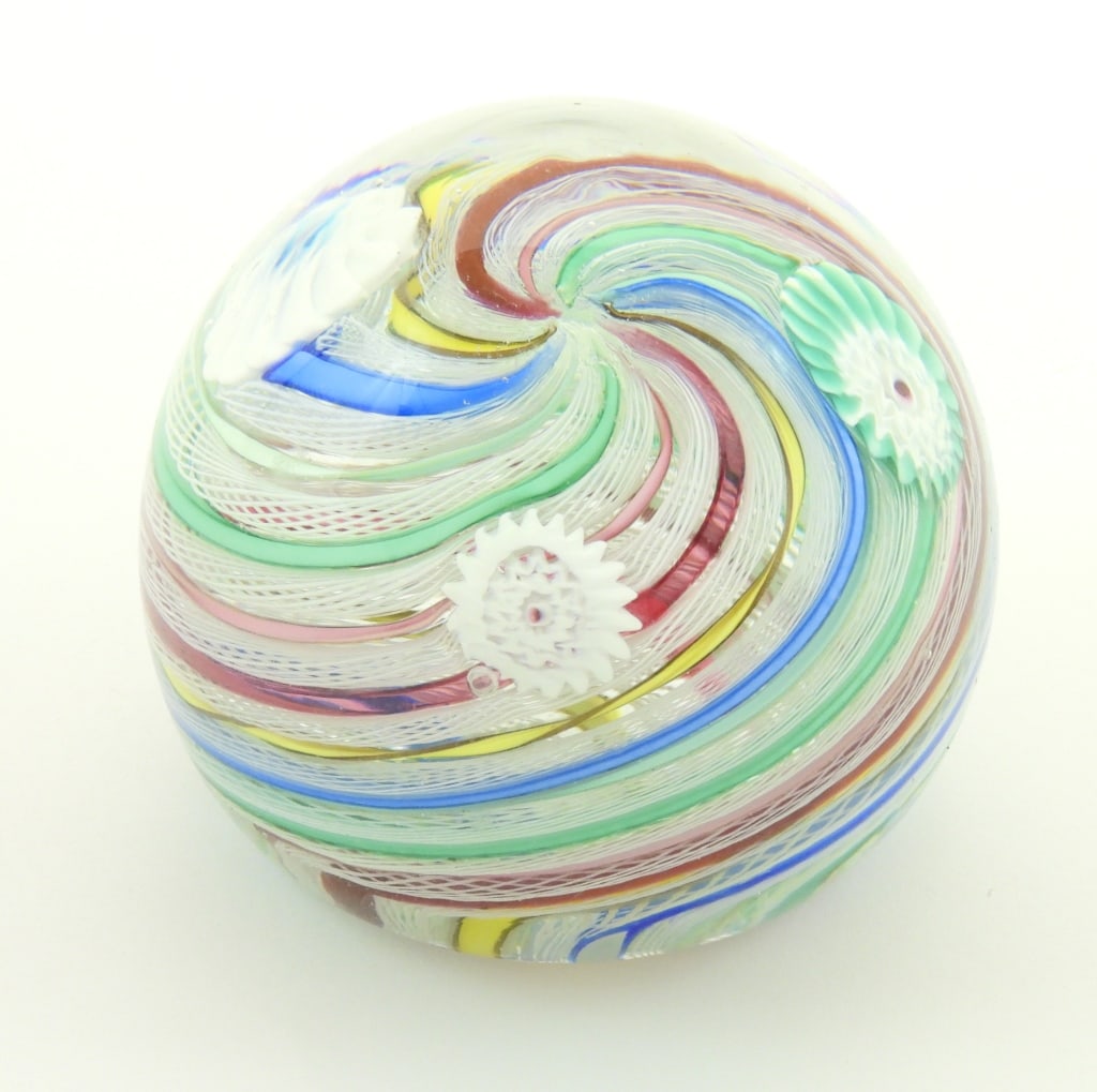 Vintage Murano Latticino Pattern Paper Weight: Tight intricate rainbow swirl pattern with 3 flowers. Italian art glass, unsigned. Measures 3" high