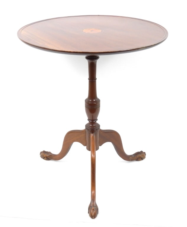 Bench Made Chippendale Style Tilt Top Table: A well made early style tray top with pinwheel inlay George II copy that appears to be 1st quarter of 20th century made. Nice formed cabriole legs with ball and claw feet. Tilt top tea table. Wood