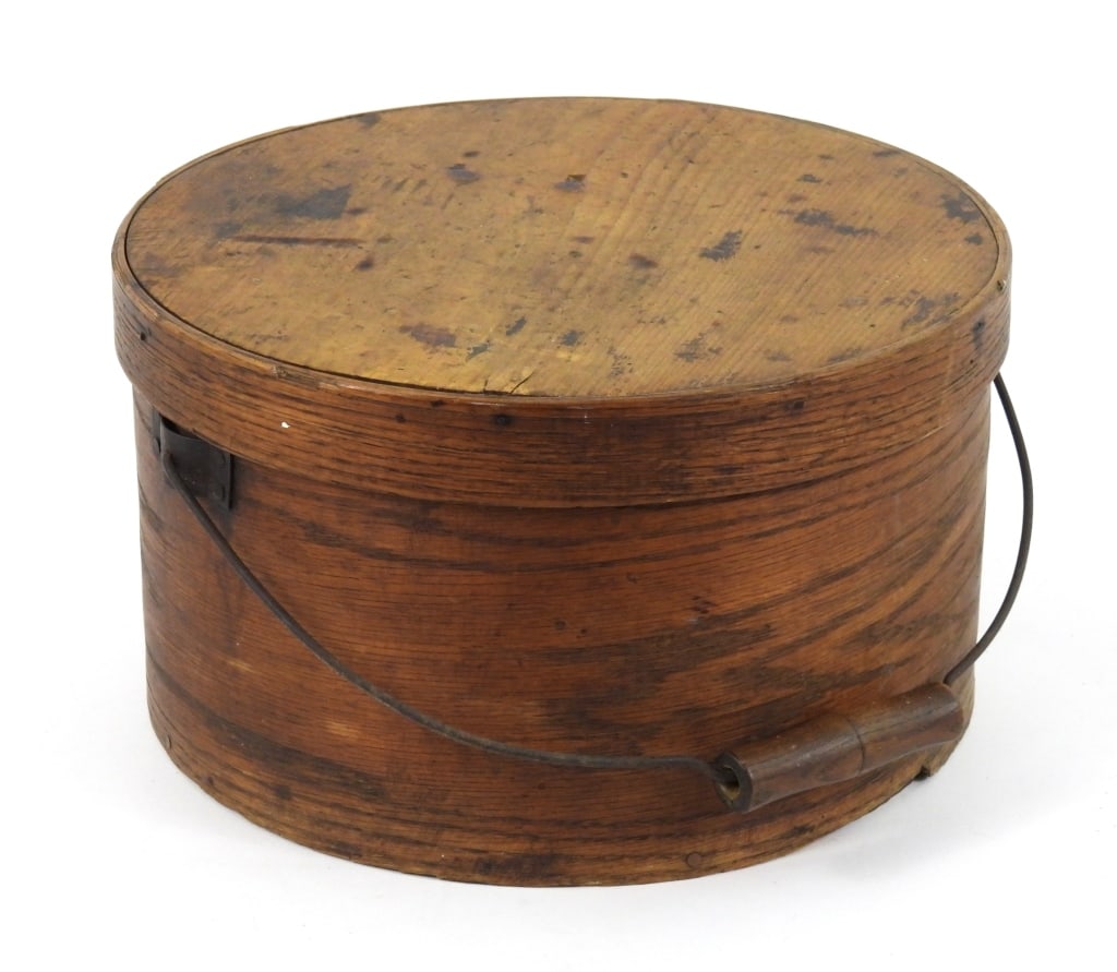 Large 19th-C Bent Oak Pantry Box: Heavy wire bail handle with wood handle and nailed lap. 11-1/2" diameter x 6-1/2" high. 13" high with bail upright.