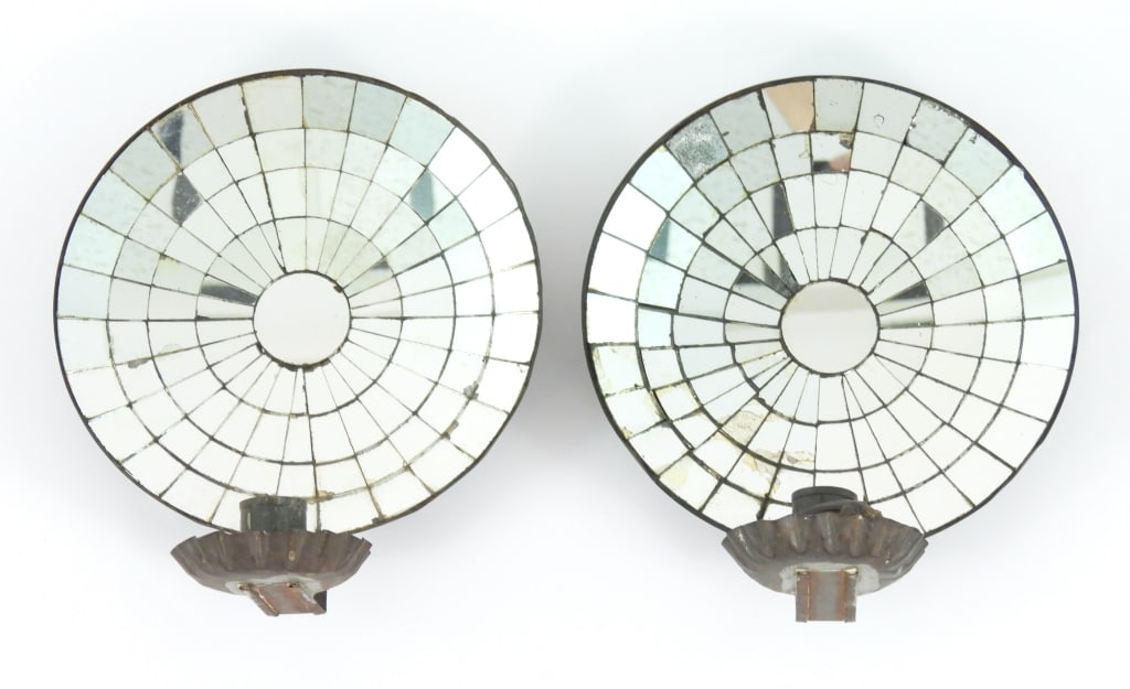 Antique PR. Sipder Web Pattern Mica Sconces: Nice large round size colonial Americana candle sconces with cut reflective glass pieces and tin bodies. Each measure 8" diameter x 9" high including candle tray.