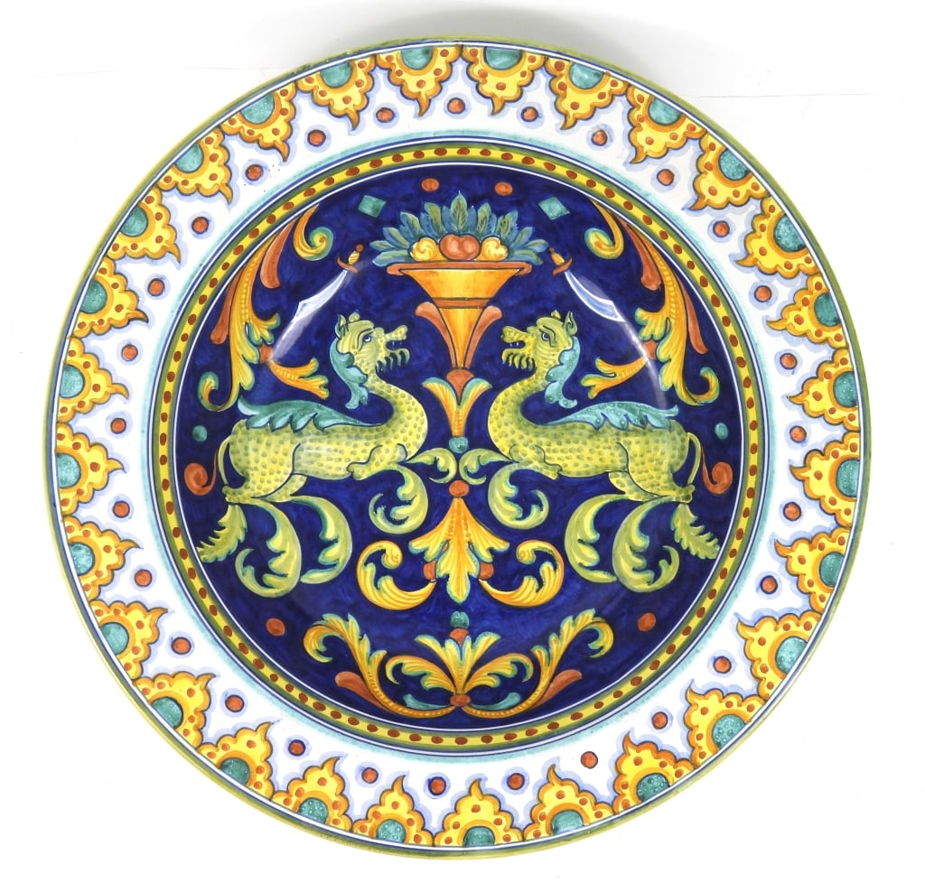 Large L'Antica Deruta Majolica Platter: Impressive hand painted Raffaellesco Blu double Benevolent Dragon and urn design with cobalt background color. Insipred by the Vatican Frescoes that bring good fortune to homes. Rear is marked
