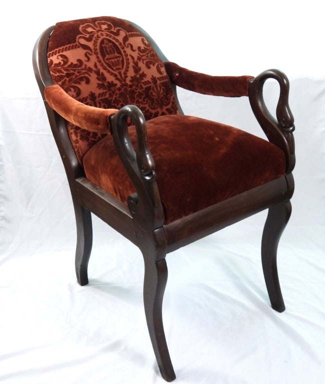Unusual 19th-C High Seat Swan Arm Chair: Antique French Empire style chair with unusual high legs which makes the seat 28" high from the floor. It also has a rear wood bracket for supporting an over head hood. We were informed this may be a 