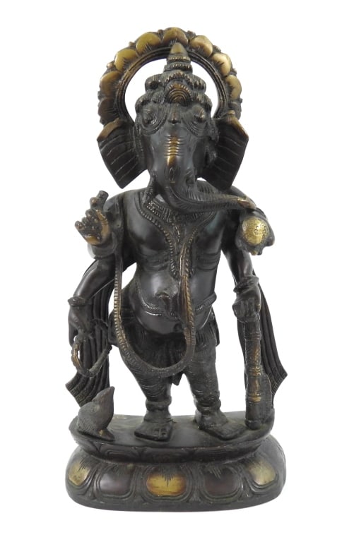 Heavy Ganesha Asian Statue: Tibetan Lord Ganesha elephant form with rat at feet. Measures 7"w x4"d x 14" high and weighs 11.5 LBS. Poured 2 form at base. Appears to be patina brass and the age is unknown.