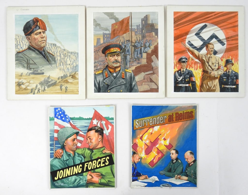 Grouping Of Original First Day Cover Art WWII: Well known Stamp Cachet artist Tom Dunne original first day cover gauche and watercolor on artist board paintings. Each of different World War II historic commemorative stamps. Two are signed by