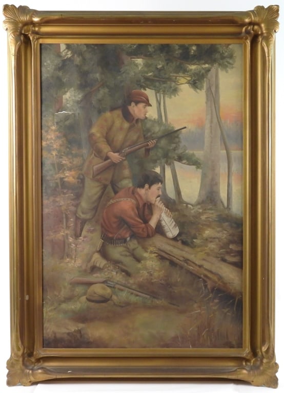 Signed Hunting Scene O/C Painting: Large framed painting of two hunters at a lake, one calling out to Moose with a birch bark rolled sounding horn wearing a bandolier belt. The other is poised with a bolt action shotgun and what