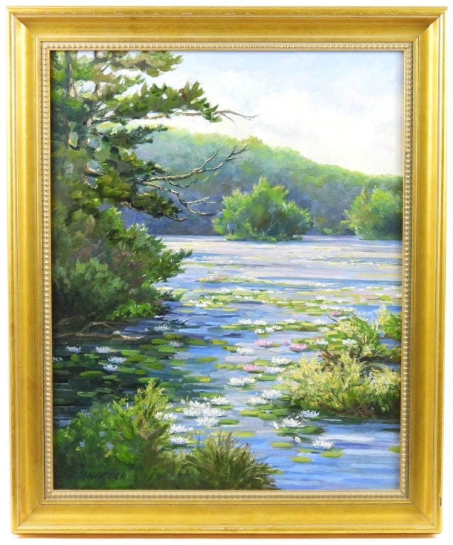Landscape Painting Signed Sinacola: Listed artist Linda Sinacola with a Rockport Art Association exhibit label affixed to rear. Titled "Pondweeds" O/C lake view landscape signed "L.Sinacola" L/S lwr corner. This appears to be one of